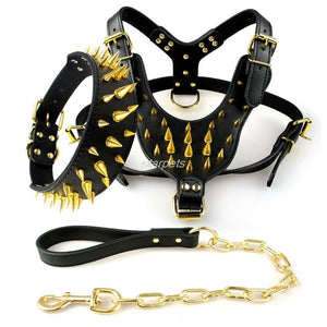 Cool Spiked Studded Leather Dog Harness Rivets Collar and Leash Set For Medium Large Dogs Pitbull Bulldog Bull Terrier  26"-34" - GAME-BRED K-9's